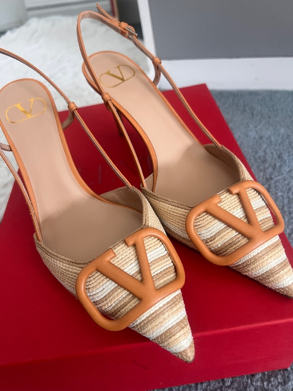 Valentino Garavani Tan Raffia Pointed Slingback Pumps with V Logo